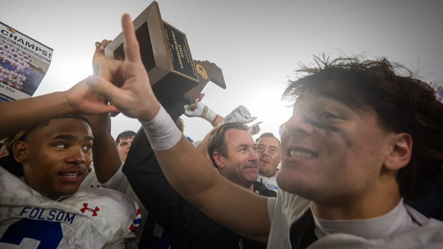 See Folsom football team and coach celebrate 2025 state championship victory