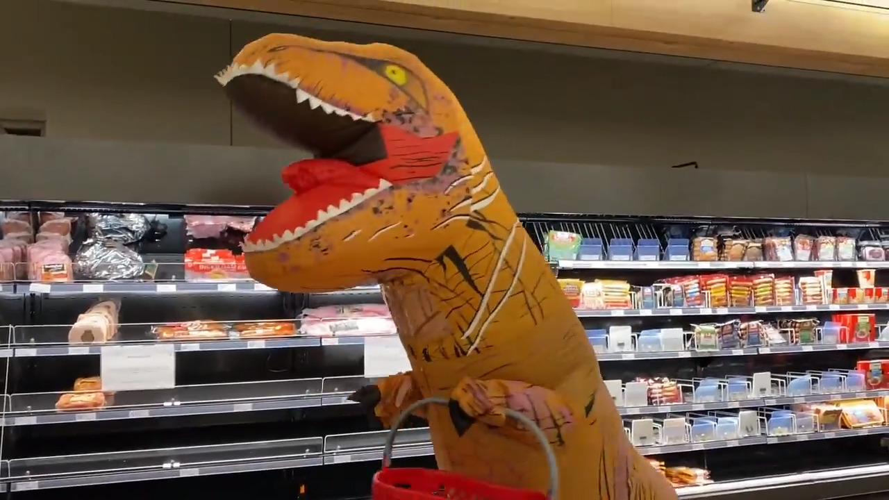 No mask? No problem! Watch a Target shopper do a grocery run in a dinosaur suit