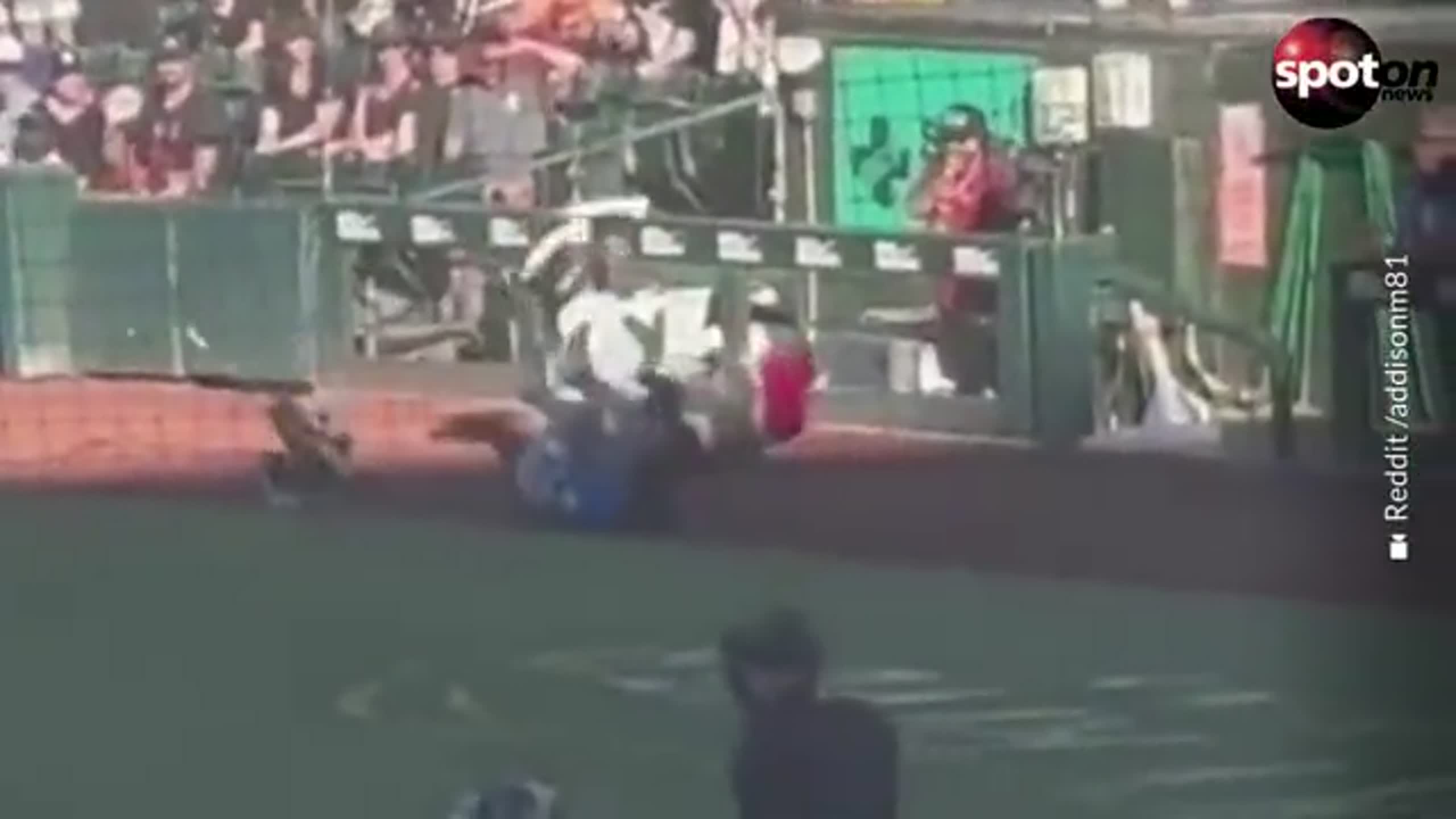 The moment the Sacramento River Cats mascot on e-scooter hits a player