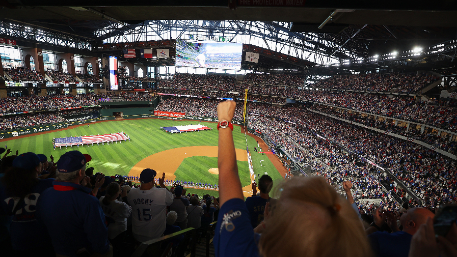 Texas Rangers celebrate Opening Day with reveal of World Series banner