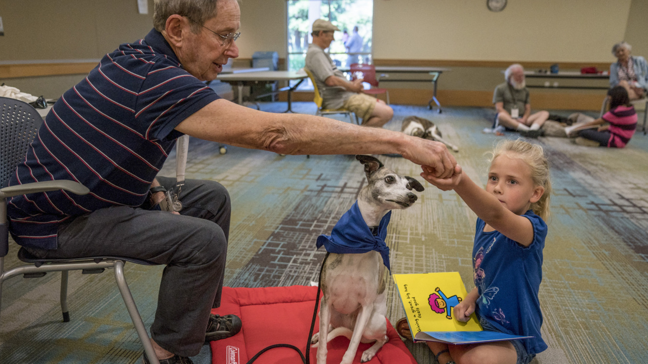 Watch kids read to dogs in Carmichael library