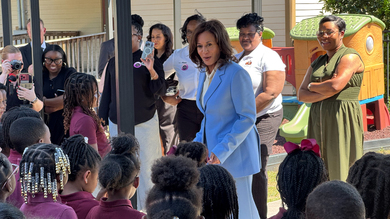 Former Vice President Kamala Harris visits Columbia school
