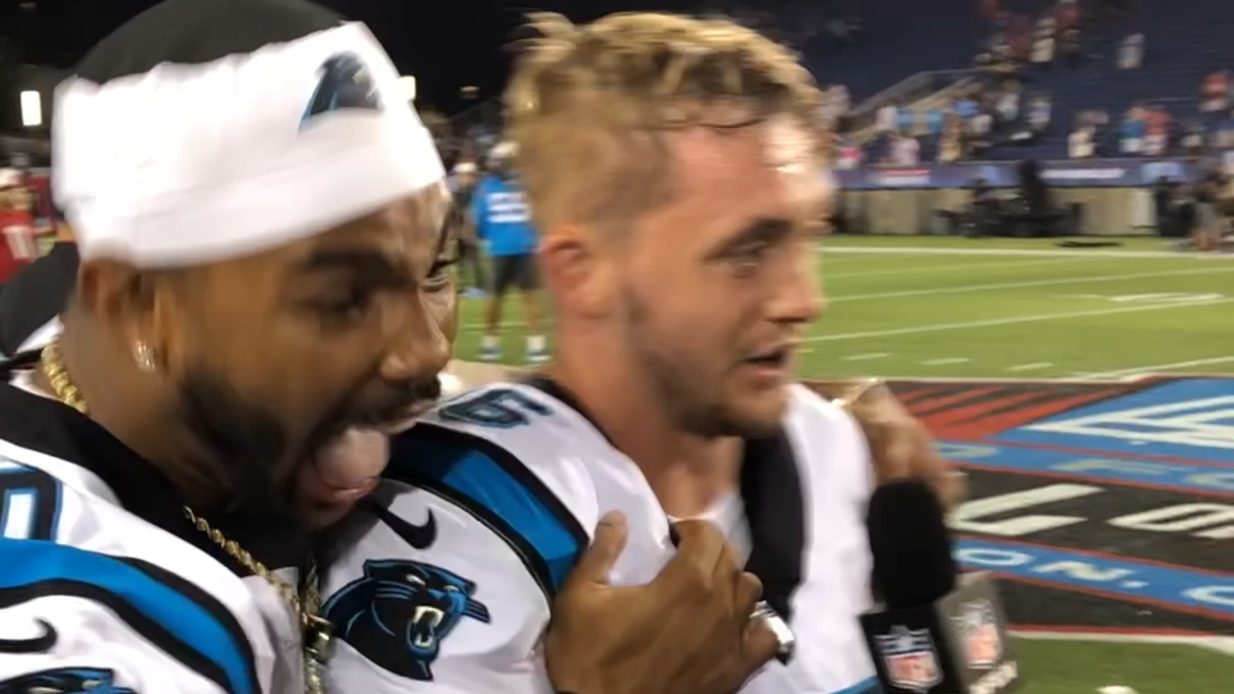 Panthers quarterback King given an "Atta boy, Haynes!" during his post-game interview