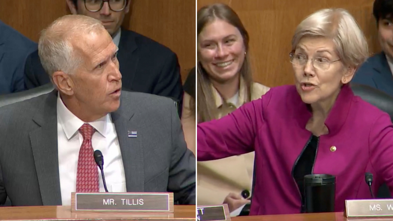 Warren makes bok bok sounds at NC’s Tillis during banking committee argument