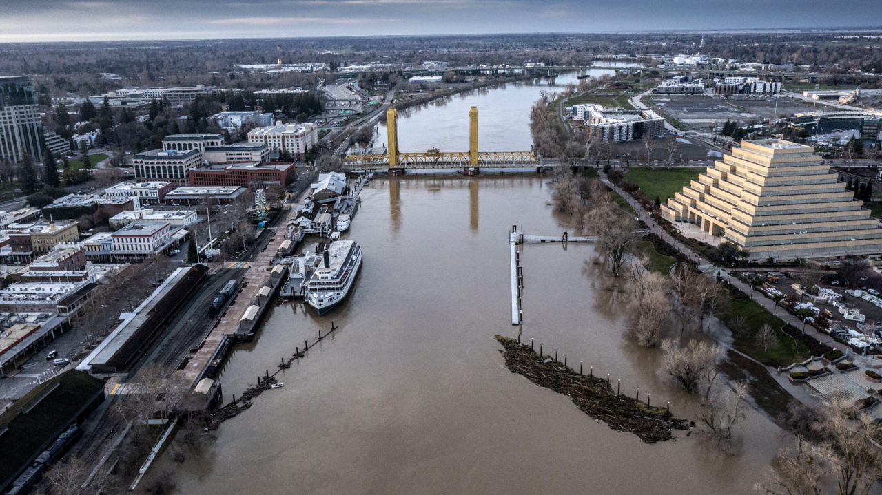 See drone video of the Sacramento River running high after atmospheric river storms