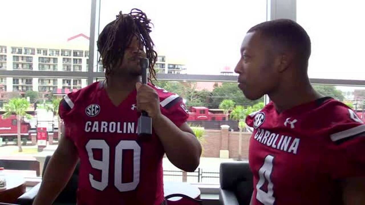 Taylor Stallworth interviews teammates during South Carolina football media day