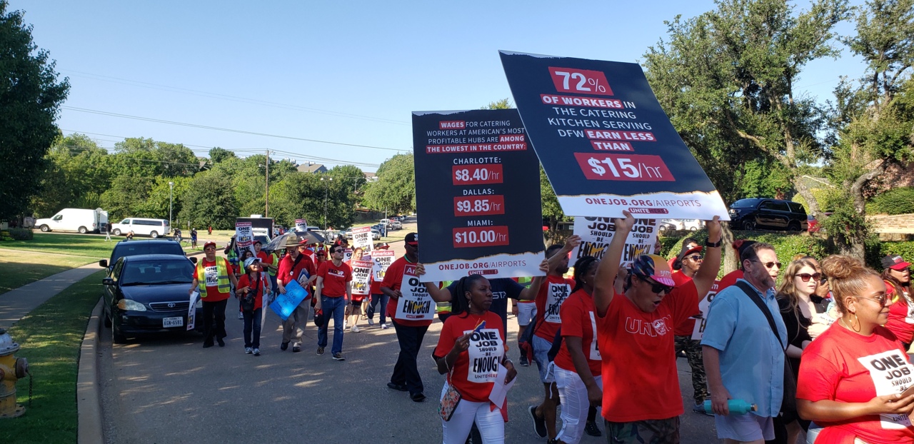 Food service workers picketing American Airlines headquarters say they live in poverty