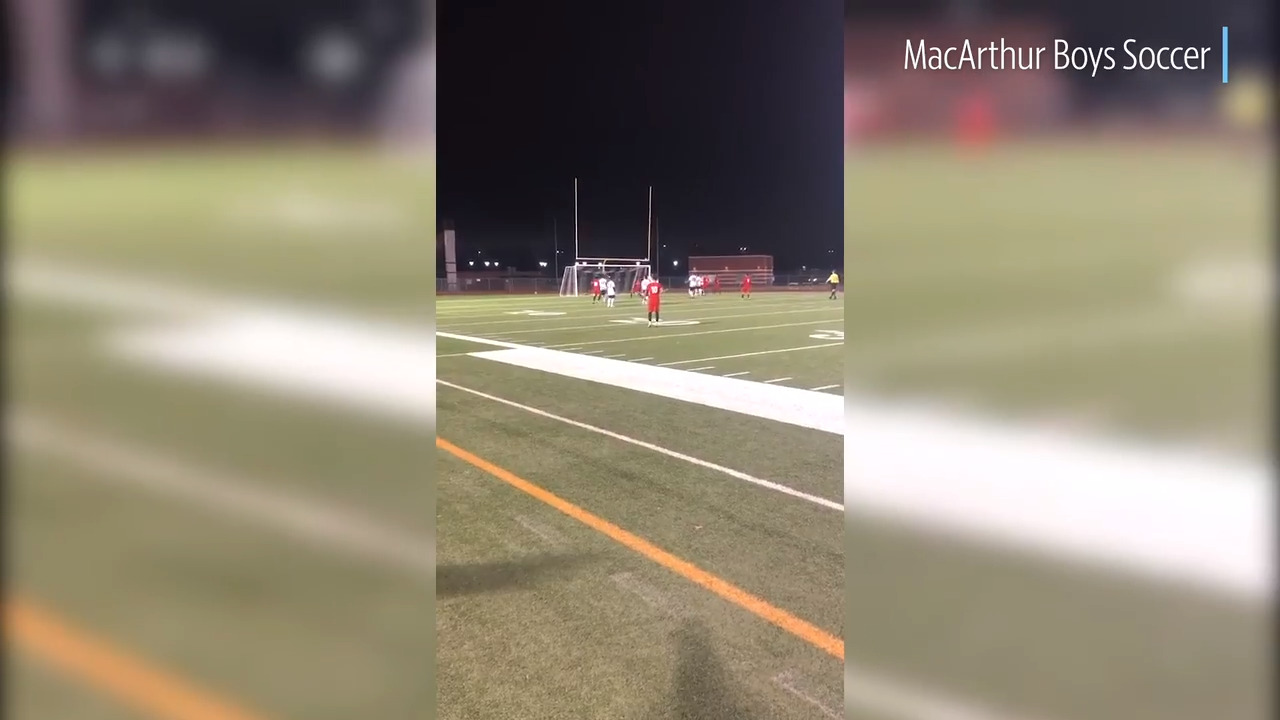 Irving MacArthur soccer player makes goal from 30 yards away