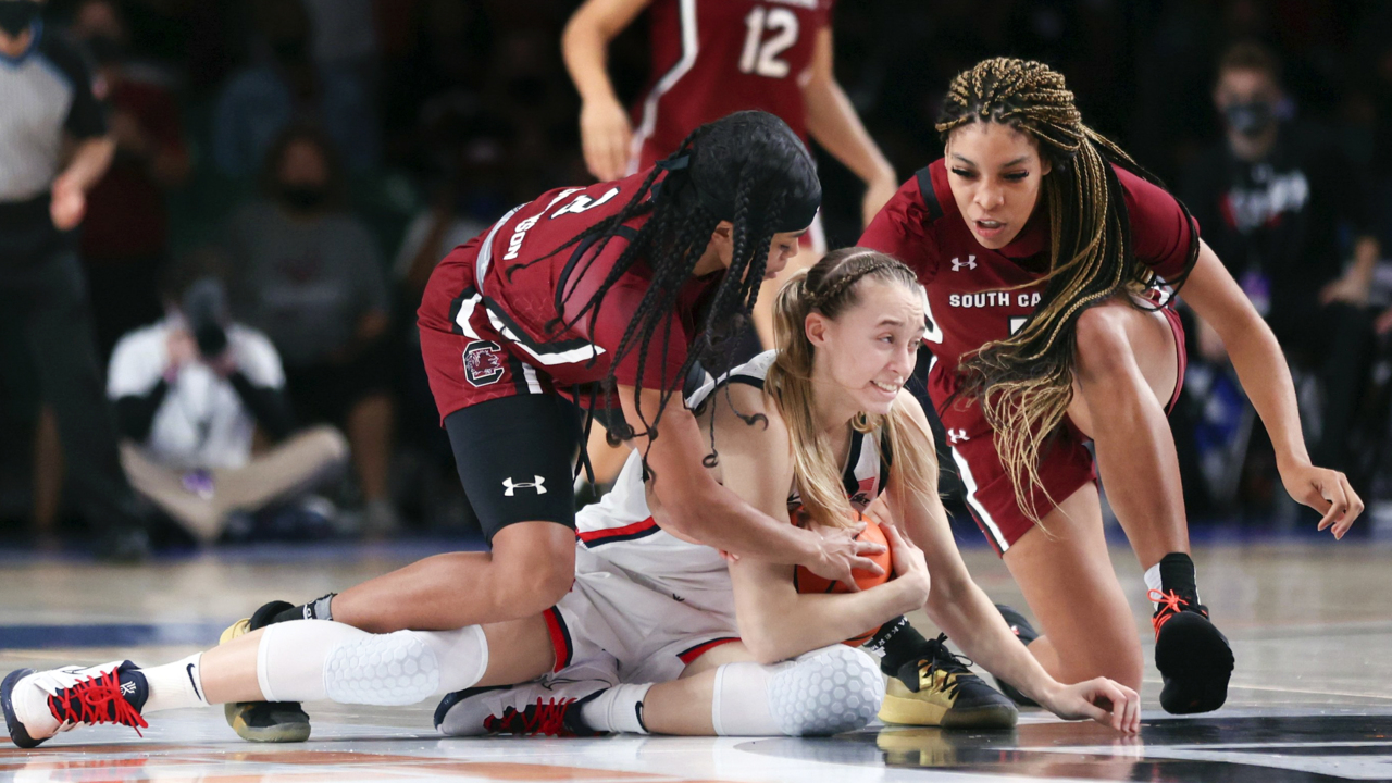 South Carolina battles UConn in college women’s basketball action