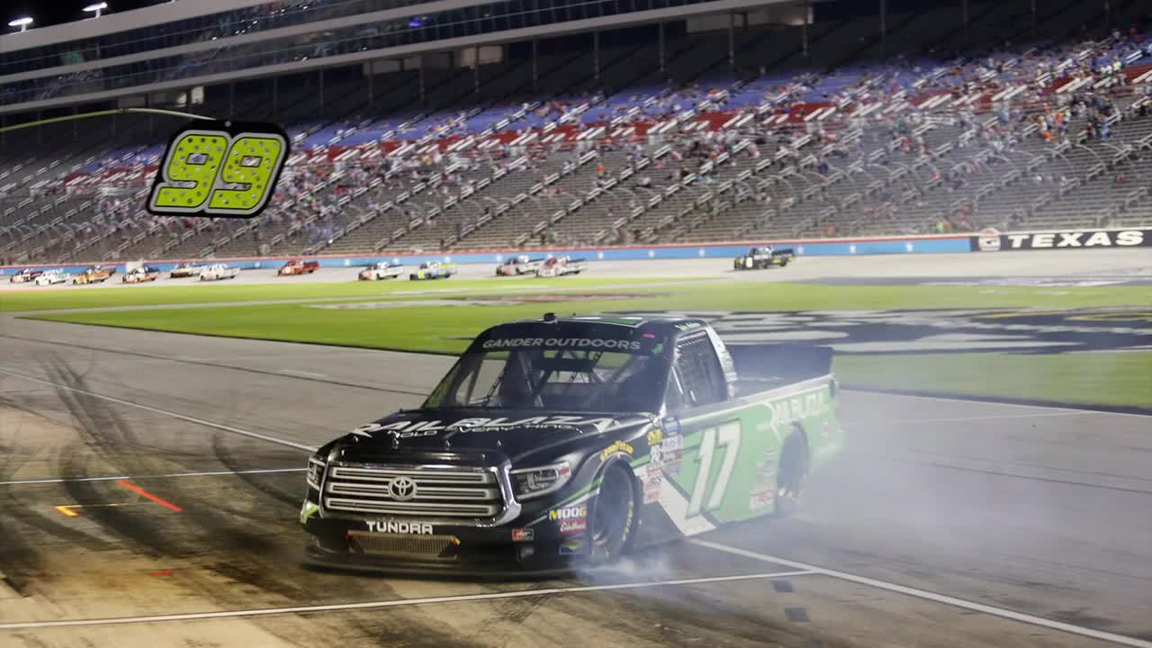 Tyler Ankrum skids down pit road during truck series at TMS