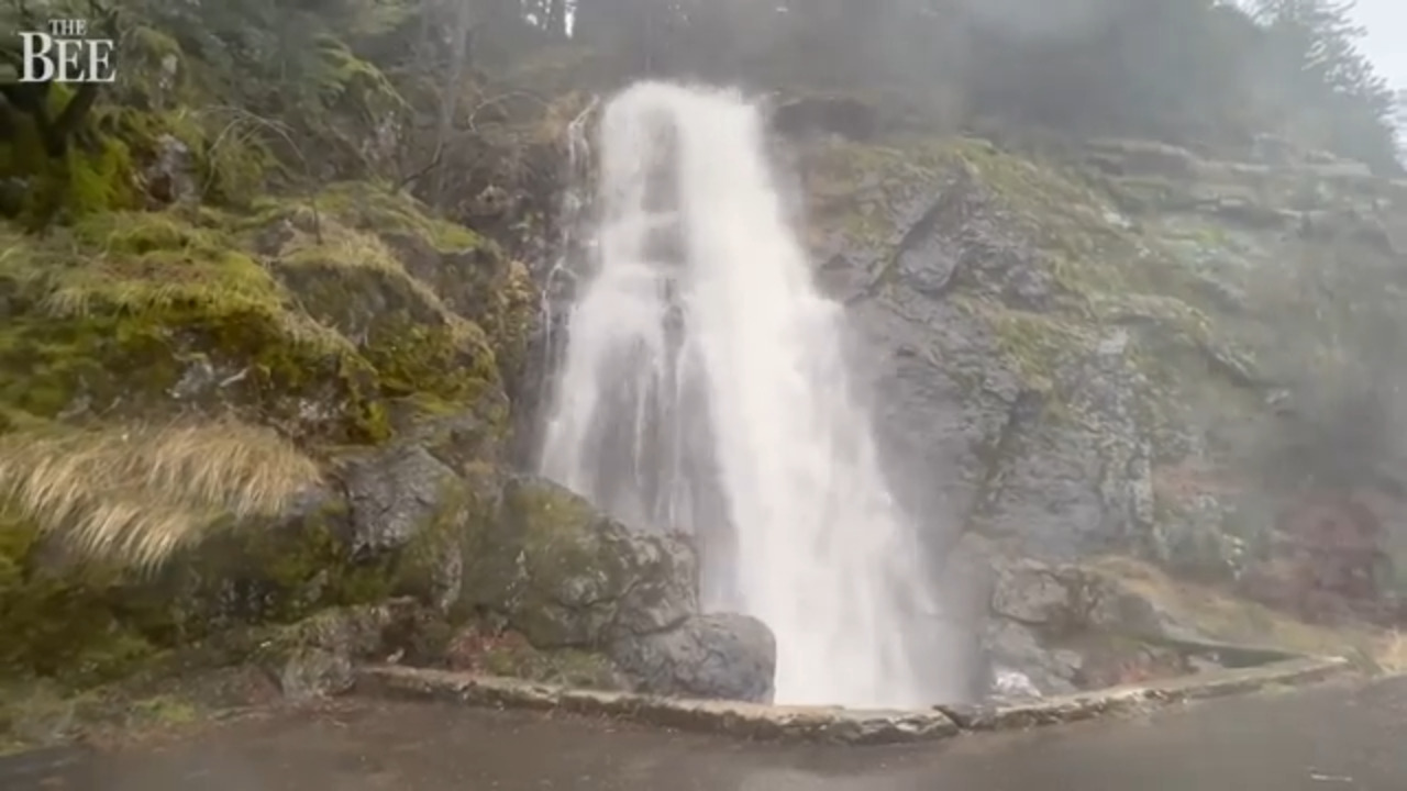 See high, rushing American River, Bridal Falls and snow trouble along Highway 50