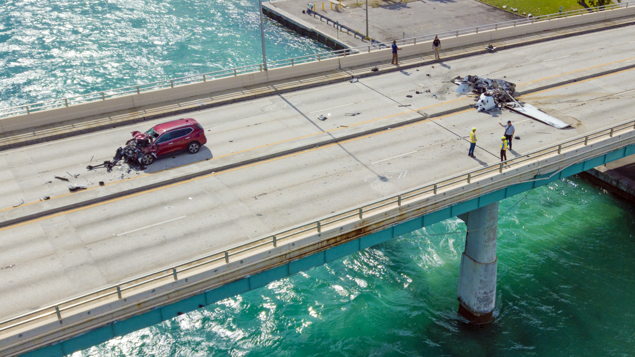 Drone video: Watch scene from the air after plane crashes on Haulover Inlet Bridge