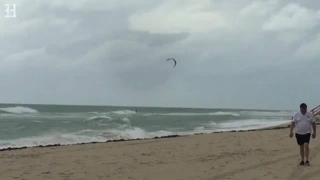Kite surfer takes advantage of gusty winds on Miami Beach