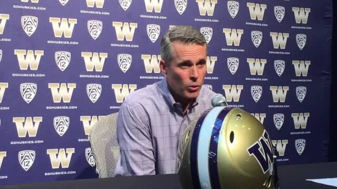 Huskies coach Chris Petersen talks Monday after Portland State