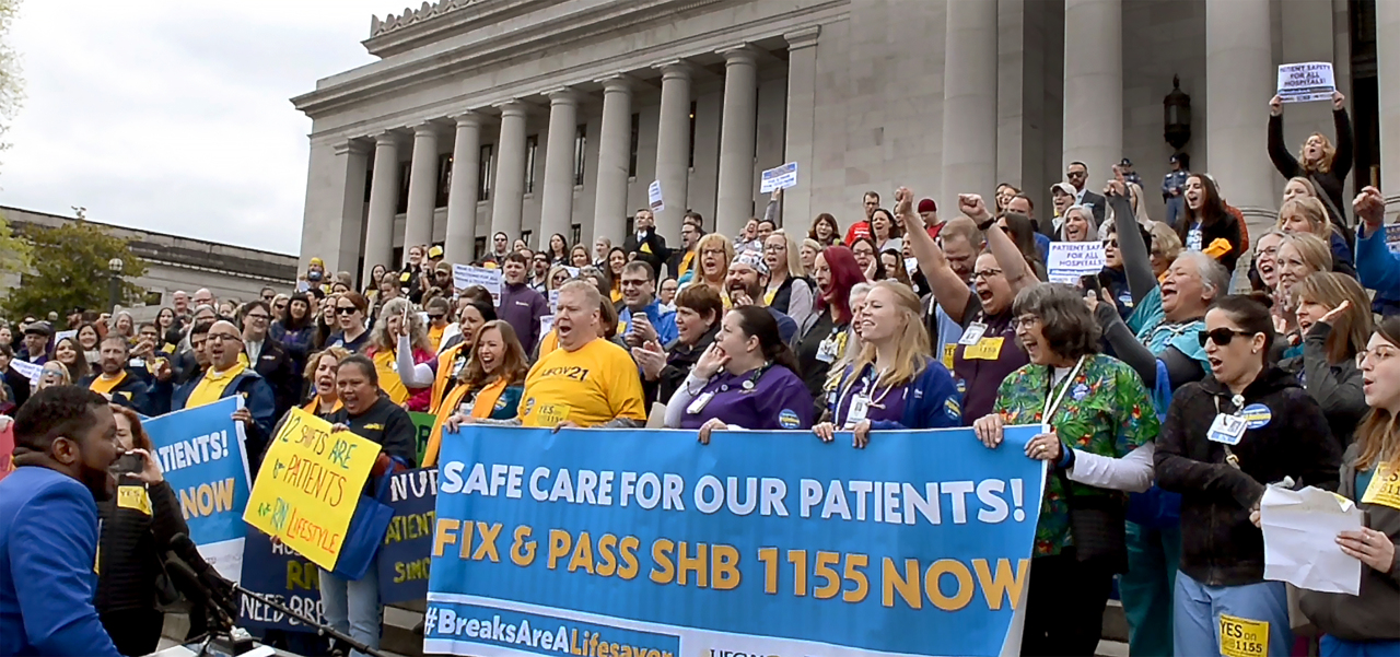 Nurses rally at the Capitol in support of workplace overtime and meal break hours