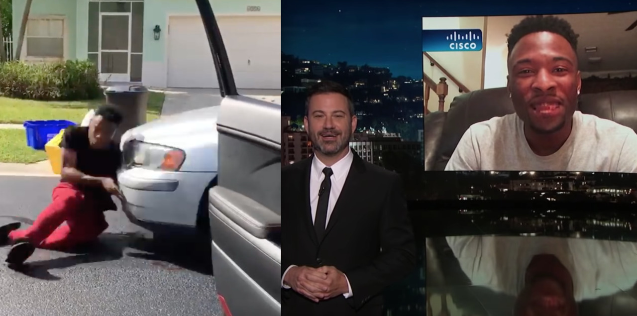 Florida resident appears on Jimmy Kimmel Live, after being struck by a car during his Kiki challenge attempt