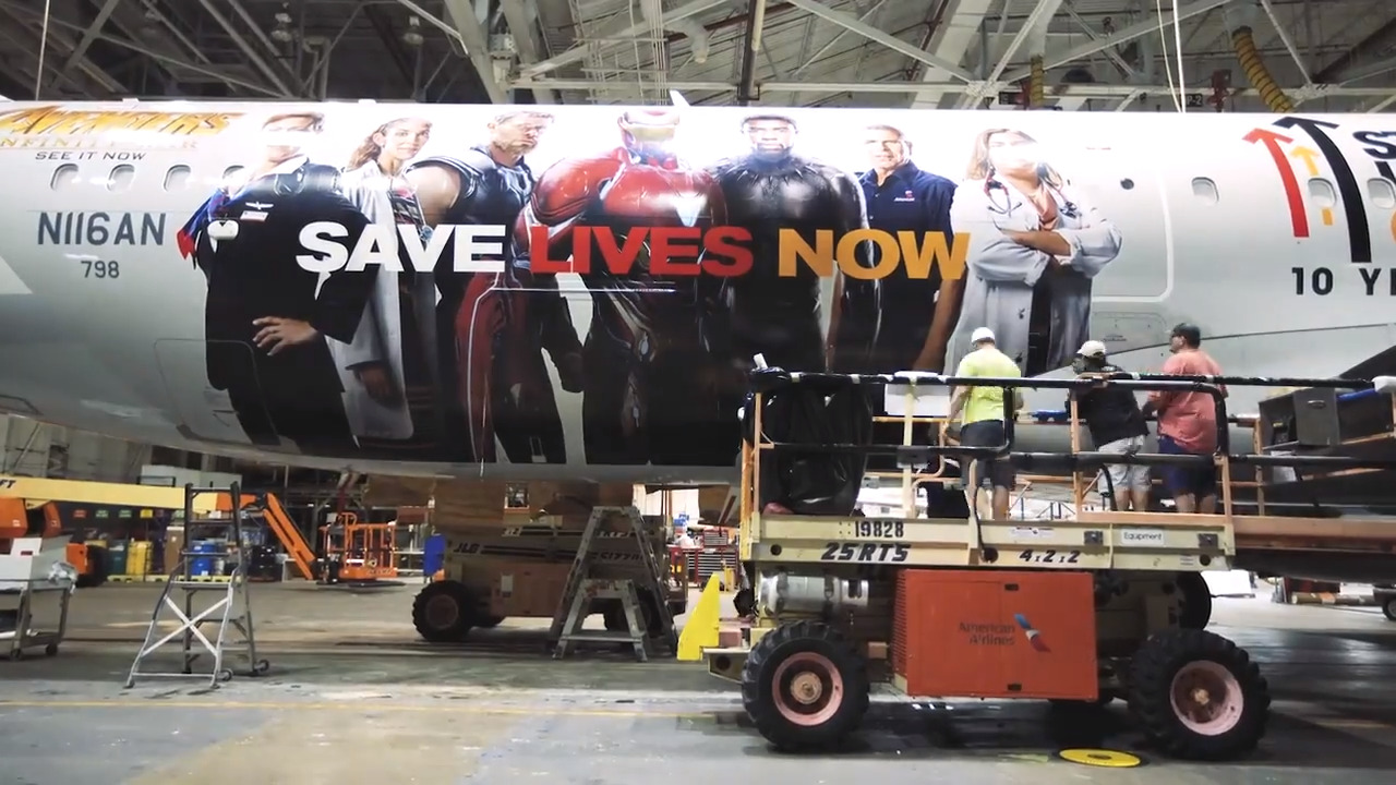Marvel superheroes from Avengers: Infinity War are featured on an American Airlines jet. How workers wrapped the plane