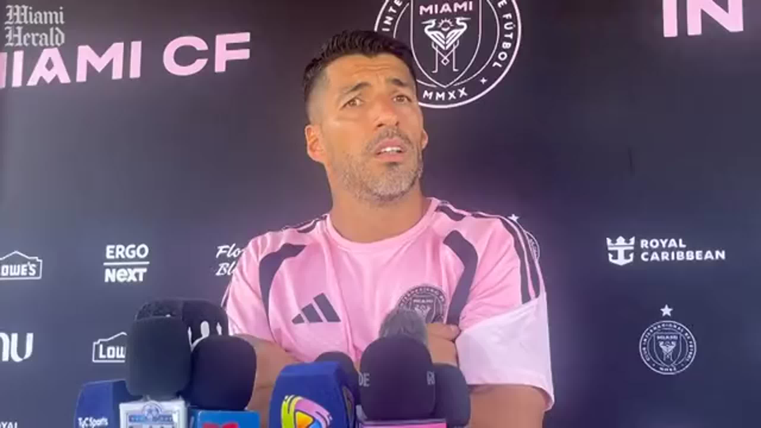 Inter Miami forward Luis Suarez speaks to the media