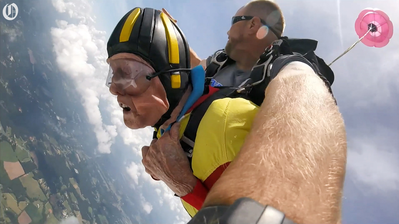 She tried to keep her 99-year-old father from skydiving. He jumped anyway – happily.