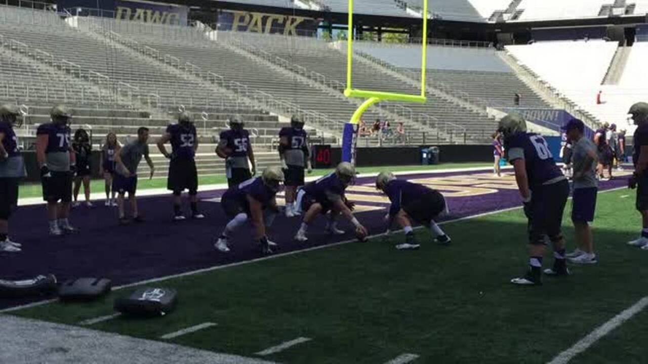 Offensive line drill at UW fall camp