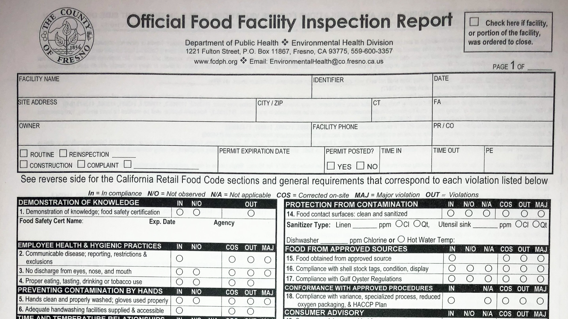 What's in Fresno County's monthly Food Facility Closure report?
